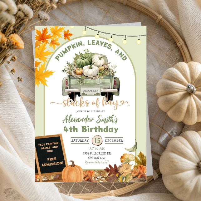 Green Pumpkins Leaves and Stacks of Hay Birthday Invitation (Creator Uploaded)