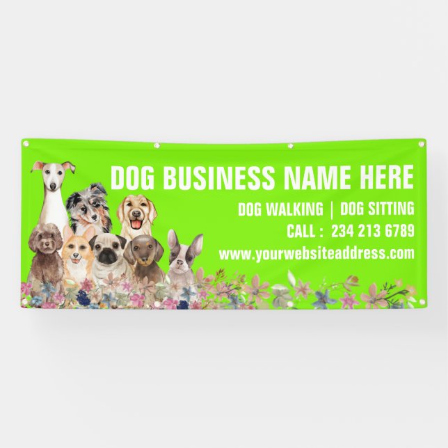 Green Puppies Floral Botanical Dog Sitting Banner (Horizontal)