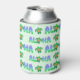 Green Purple Aloha Hawaiian Tropical Turtle Can Cooler