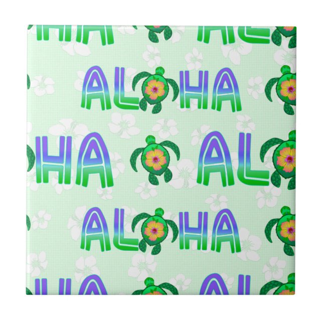 Green Purple Aloha Hawaiian Tropical Turtle Ceramic Tile (Front)