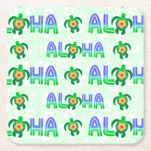 Green Purple Aloha Hawaiian Tropical Turtle Square Paper Coaster