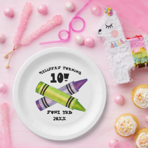 Green Purple Artist Crayons Child Birthday Party Paper Plate