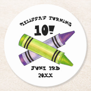 Green Purple Artist Crayons Child Birthday Party Round Paper Coaster
