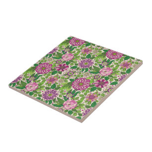 Green Purple & Beige Retro Flowers Pattern Tile