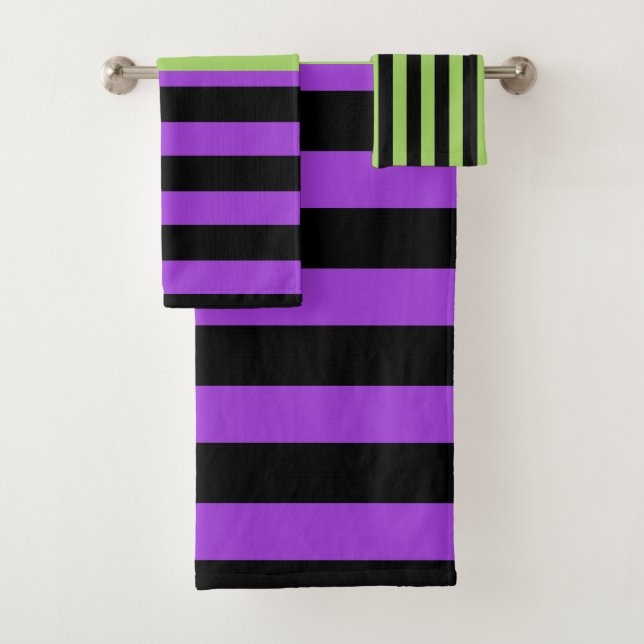 Green Purple & Black Halloween Stripe  Bath Towel Set (Insitu)