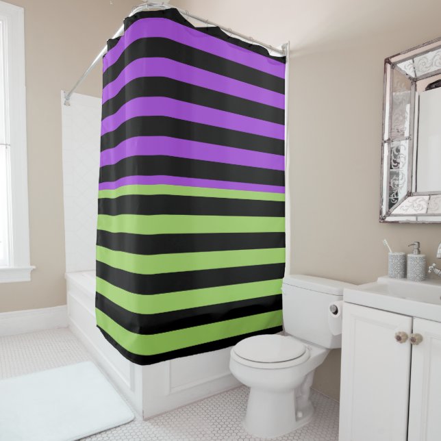 Green Purple & Black Halloween Stripe Shower Curtain (In Situ)