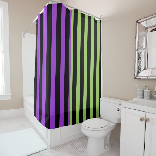 Green Purple & Black Halloween Stripe Shower Curtain (In Situ)