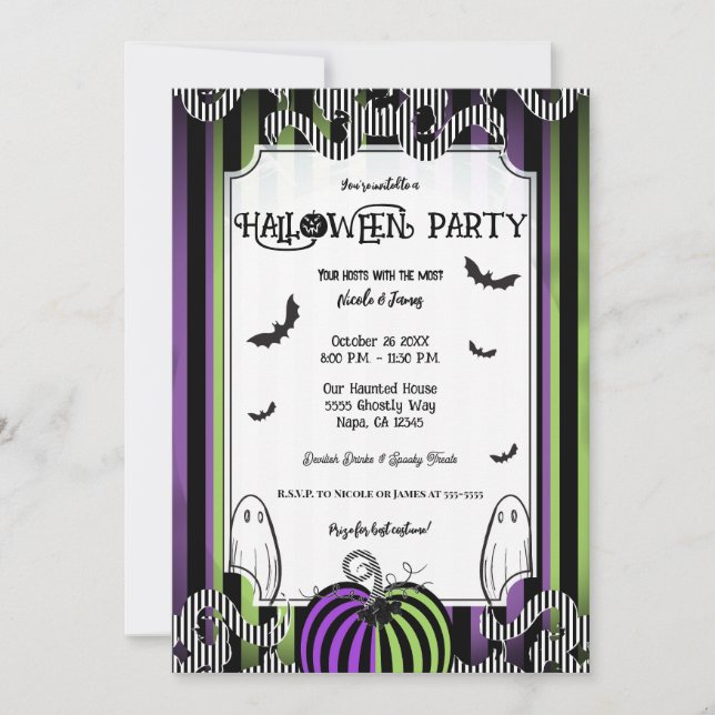 Green Purple & Black White Stripes Halloween Party Invitation (Front)