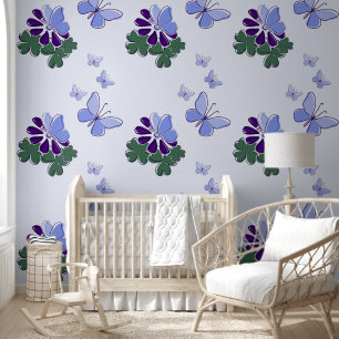 Green Purple Blue Doodle Flower Butterflies Accent Wallpaper