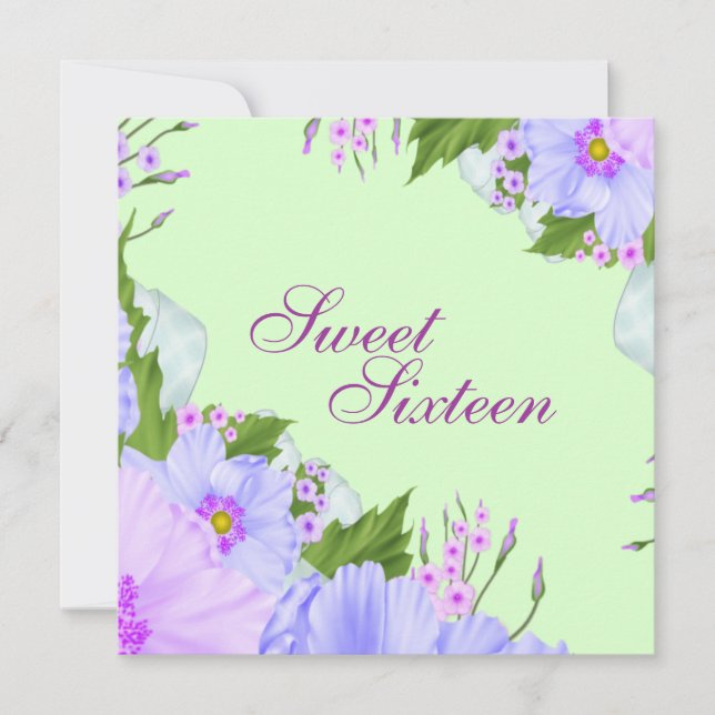 Green Purple & Blue Flower Birthday Invite (Front)