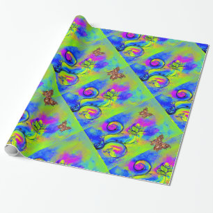 GREEN PURPLE BLUE WHIMSICAL FLOWERS ,BUTTERFLIES WRAPPING PAPER