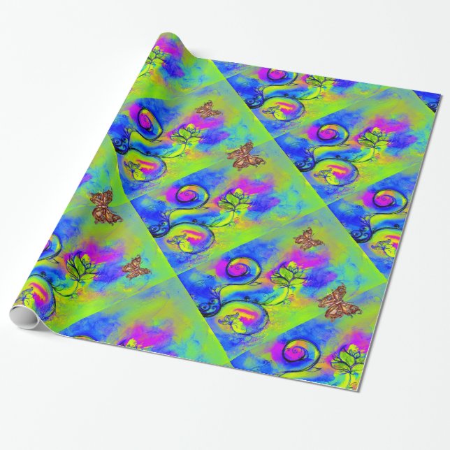 GREEN PURPLE BLUE WHIMSICAL FLOWERS ,BUTTERFLIES WRAPPING PAPER (Unrolled)