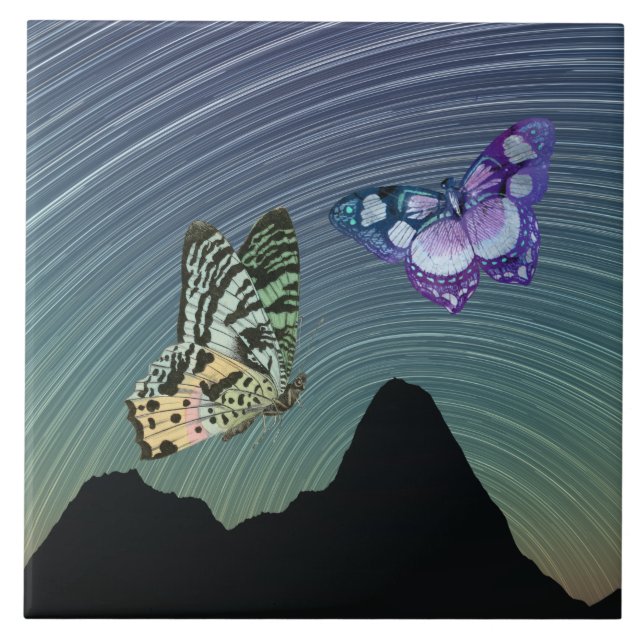 Green Purple Butterflies and Spinning Milky Way Ceramic Tile (Front)