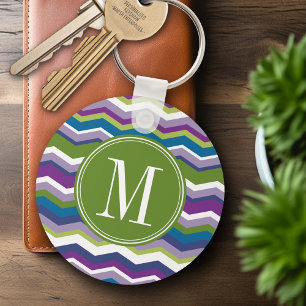 Green & Purple Chevron Pattern with Monogram Key Ring