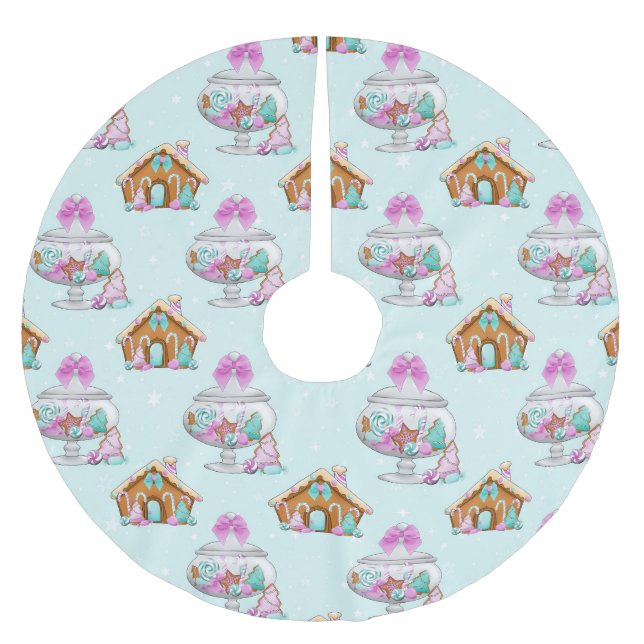 GREEN & PURPLE CHRISTMAS CANDIES & HOUSES BRUSHED POLYESTER TREE SKIRT (Front)