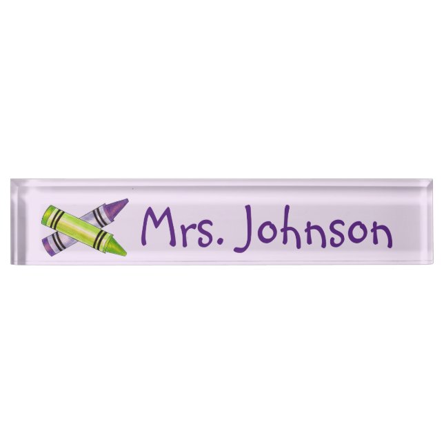 Green Purple Crayon Art Teacher School Classroom Nameplate (Front)
