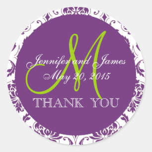 Green Purple Damask Wedding Favour Thank You Classic Round Sticker