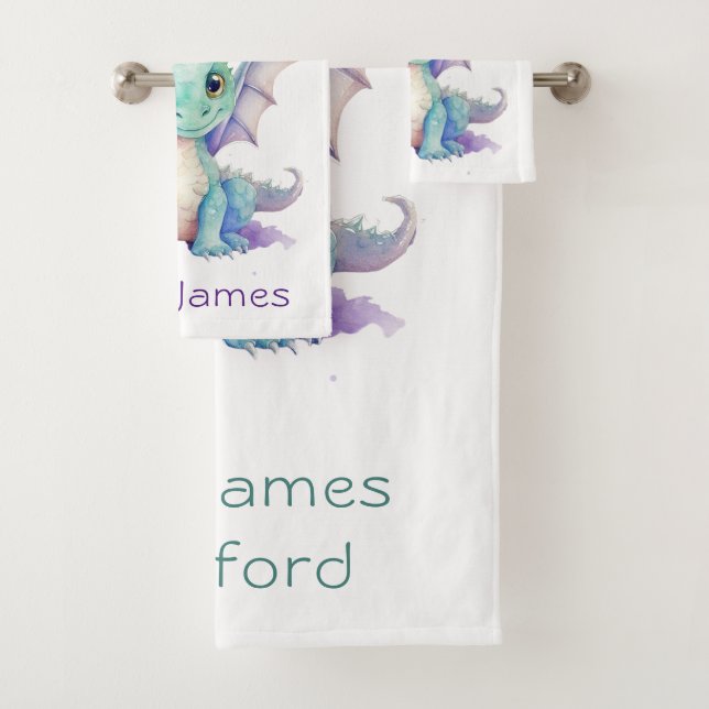 Green Purple Dragon Kids Birthday Custom Gift Bath Towel Set (Insitu)