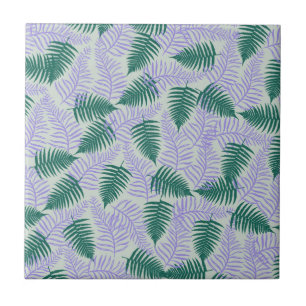 Green Purple Fern Leaves Retro 70s Flower Pattern Ceramic Tile