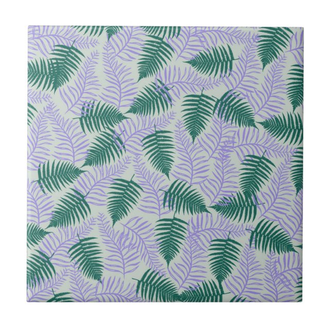 Green Purple Fern Leaves Retro 70s Flower Pattern Ceramic Tile (Front)