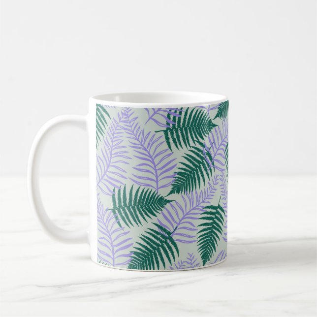 Green Purple Fern Leaves Retro 70s Flower Pattern Coffee Mug (Left)