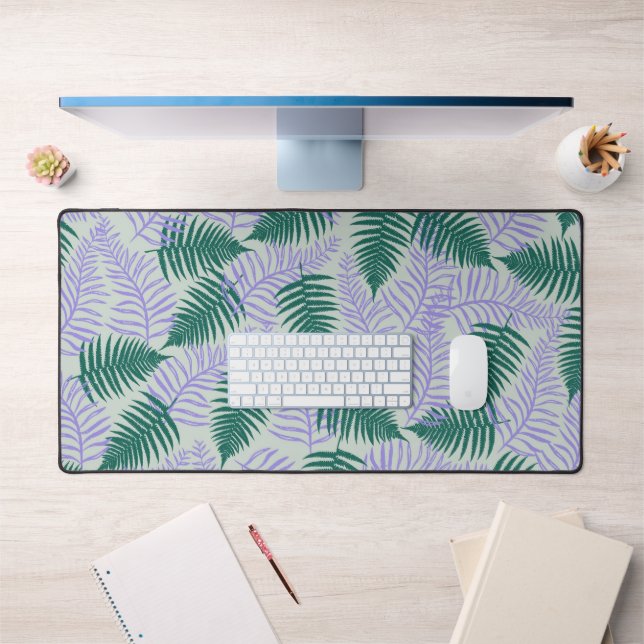 Green Purple Fern Leaves Retro 70s Flower Pattern Desk Mat (Office 1)