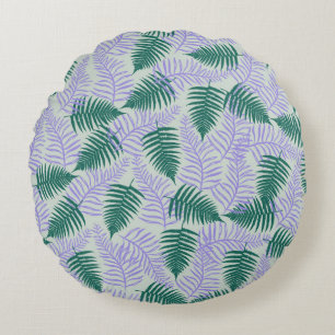 Green Purple Fern Leaves Retro 70s Flower Pattern Round Cushion