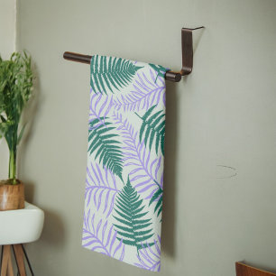 Green Purple Fern Leaves Retro 70s Flower Pattern Tea Towel