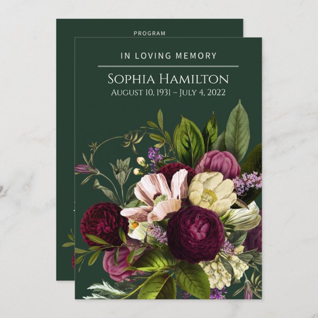 Green Purple Floral Funeral Memorial  Invitation (Front/Back)