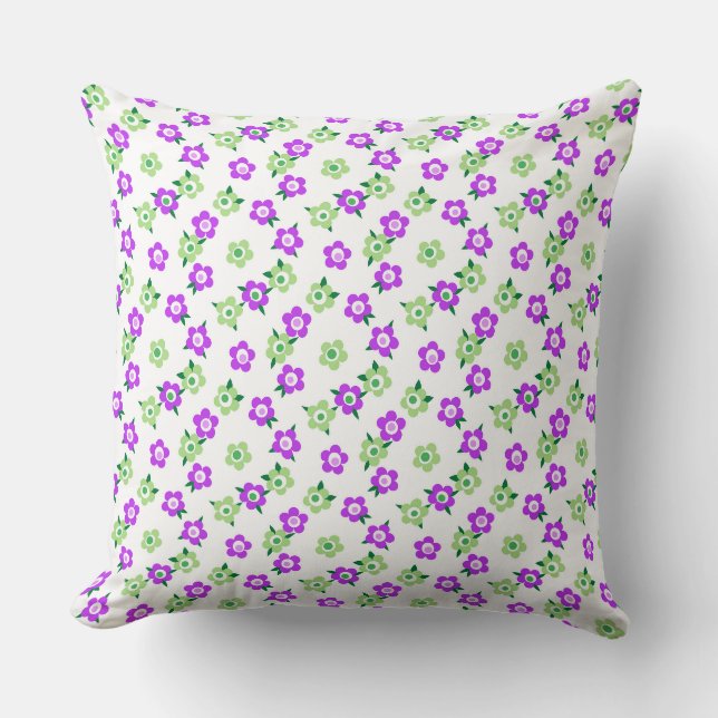 Green purple floral pattern retro sixties cushion (Front)