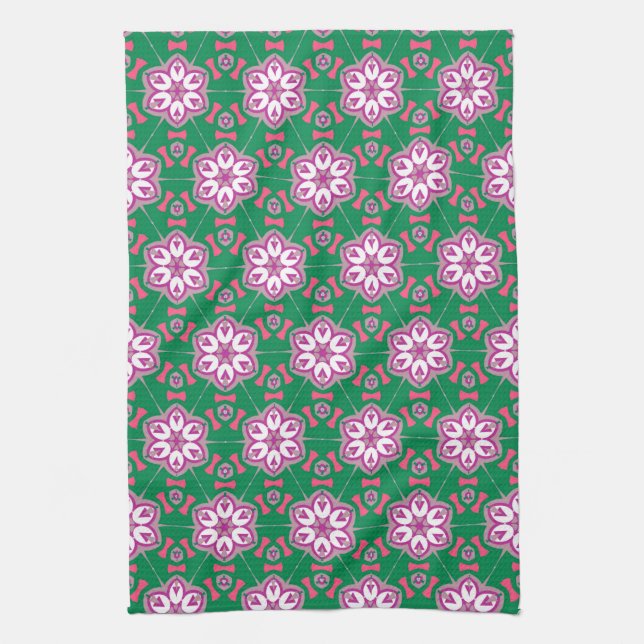 Green Purple Floral Star Groovy Pattern Tea Towel (Vertical)