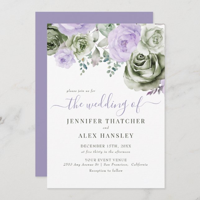 Green Purple Floral Wedding Invitation (Front/Back)