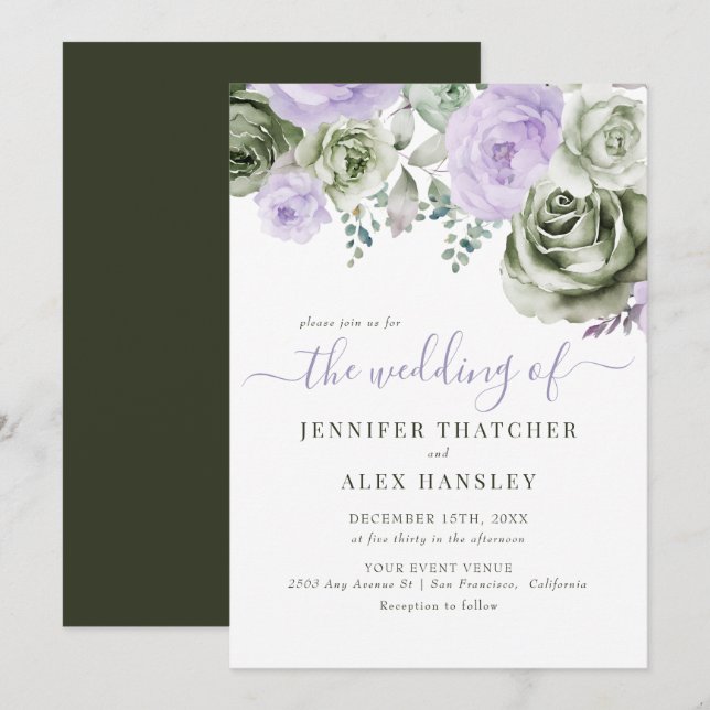 Green Purple Floral Wedding Invitation (Front/Back)