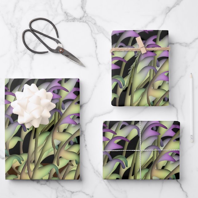 Green + Purple Foliage Black Gift  Wrapping Paper Sheet (Front)