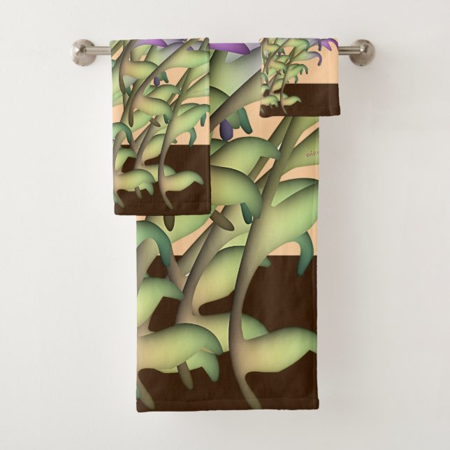 Green + Purple Foliage Peach  Bath Towel Set (Insitu)
