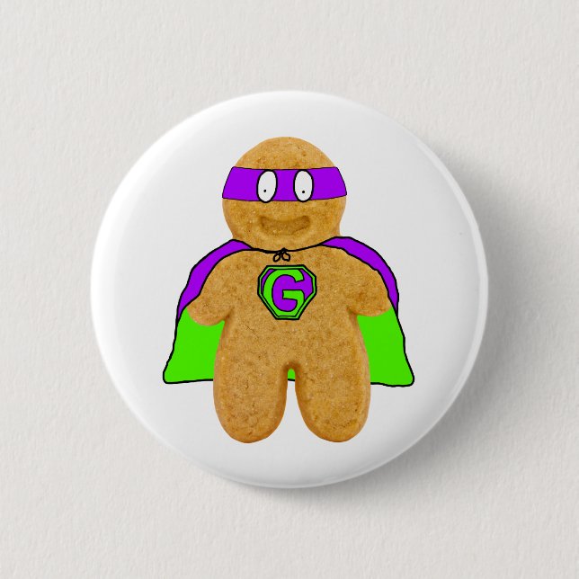 green/purple gingerbread man super hero badge (Front)