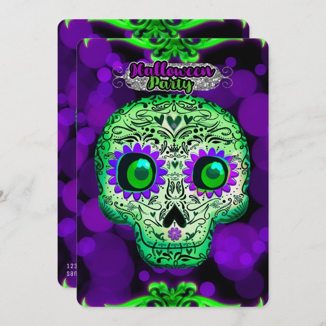 Green & Purple Glowing Skull Halloween Party Invitation (Front/Back)