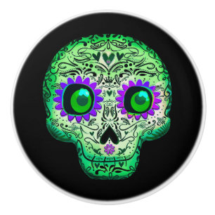Green & Purple Glowing Sugar Skull Black Halloween Ceramic Knob