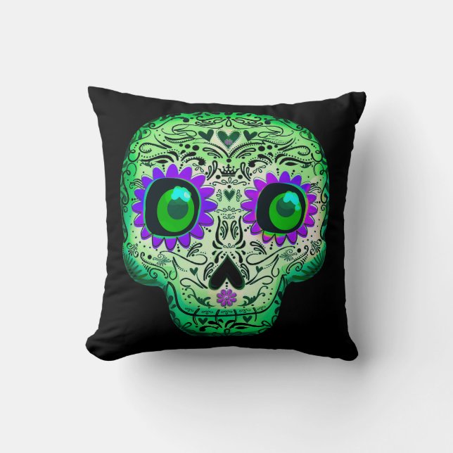 Green & Purple Glowing Sugar Skull Black Halloween Cushion (Front)