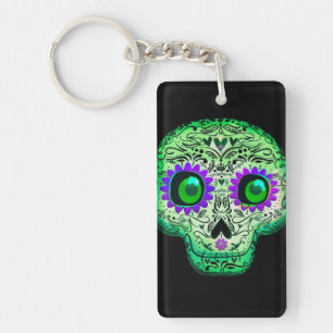 Green & Purple Glowing Sugar Skull Black Halloween Key Ring