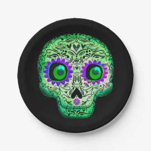 Green & Purple Glowing Sugar Skull Black Halloween Paper Plate