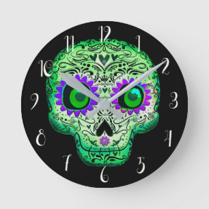 Green & Purple Glowing Sugar Skull Black Halloween Round Clock