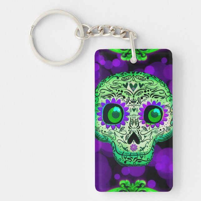 Green & Purple Glowing Sugar Skull Halloween Key Ring (Front)