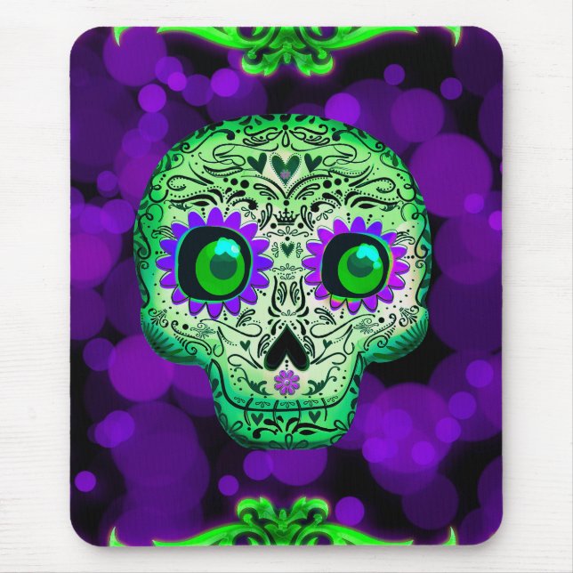 Green & Purple Glowing Sugar Skull Halloween Mouse Pad (Front)
