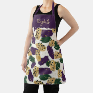 Green Purple Gold Brushstrokes  Pattern Monogram Apron