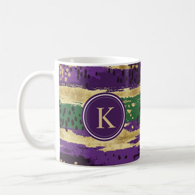 Green Purple Gold Brushstrokes  Pattern Monogram Coffee Mug (Left)
