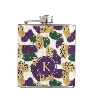 Green Purple Gold Brushstrokes  Pattern Monogram Hip Flask