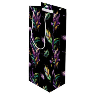 GREEN PURPLE GOLD MARDI GRAS MASKS & FEATHERS WINE GIFT BAG