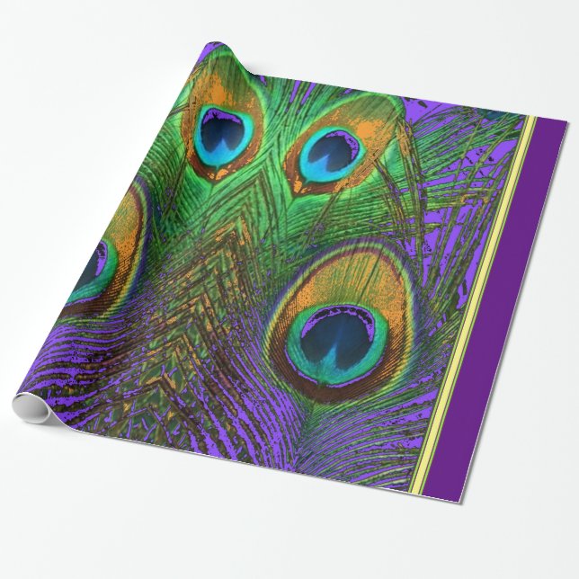 Green-Purple-Gold Peacock Feathers gifts Wrapping Paper (Unrolled)