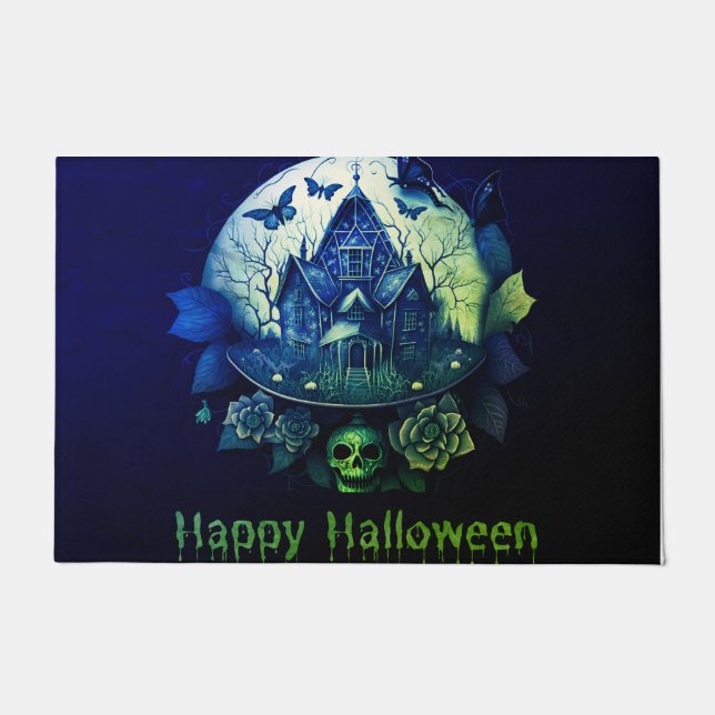 Green Purple Gothic Haunted House Happy Halloween Doormat (Front)